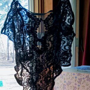 Vintage Sexy & Alluring High Cut Thong Black Floral Lace Mesh Back Teddy